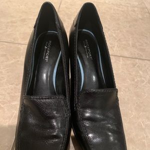 Black leather loafer wedges